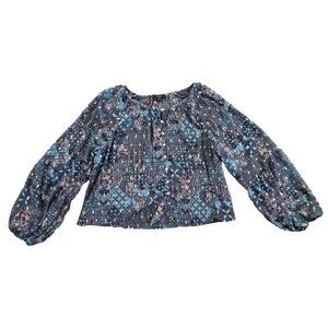 Haver London Crop Top Women's Large Blue Floral Metallic Design Long Sleeve EUC